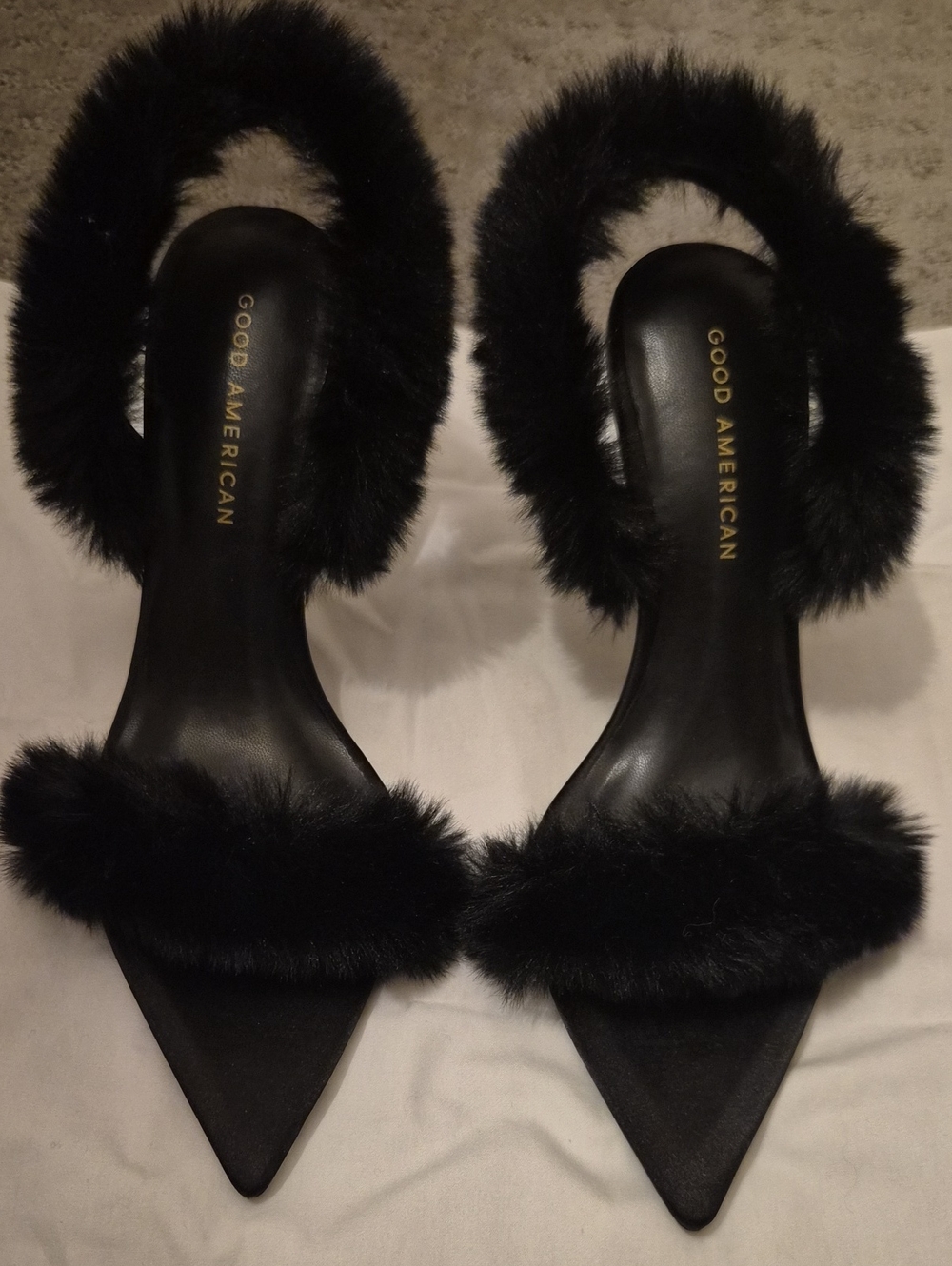 Good American Black Faux-Fur Pointed Slide Heels